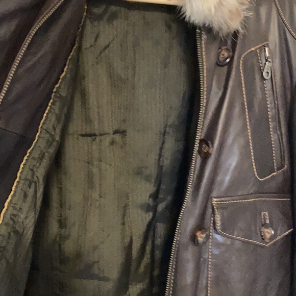 Chocolate Brown Leather Bomber Jacket w Fur Collar - Picture 6 of 10
